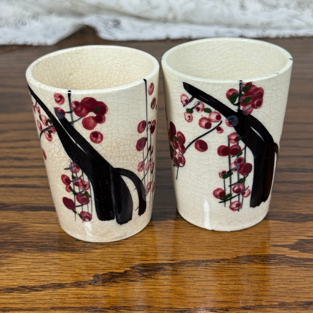 Vintage Japanese Ceramic Sake Cups Set of 2 Crackle Glaze Hand Painted Red Berry